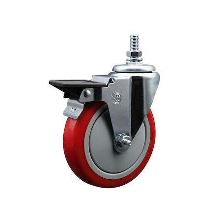 Service Caster 5 Inch Red Polyurethane 12 Inch Threaded Stem Caster with Brake SCC-TS20S514-PPUB-RED-PLB-121315
